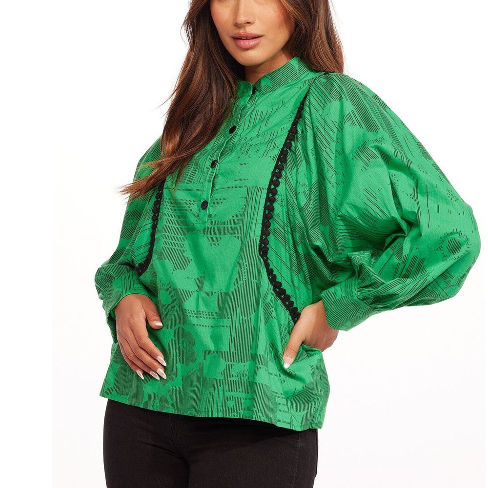 Eva Franco Boho Style Green Floral Blouse with Dramatic Long Sleeves